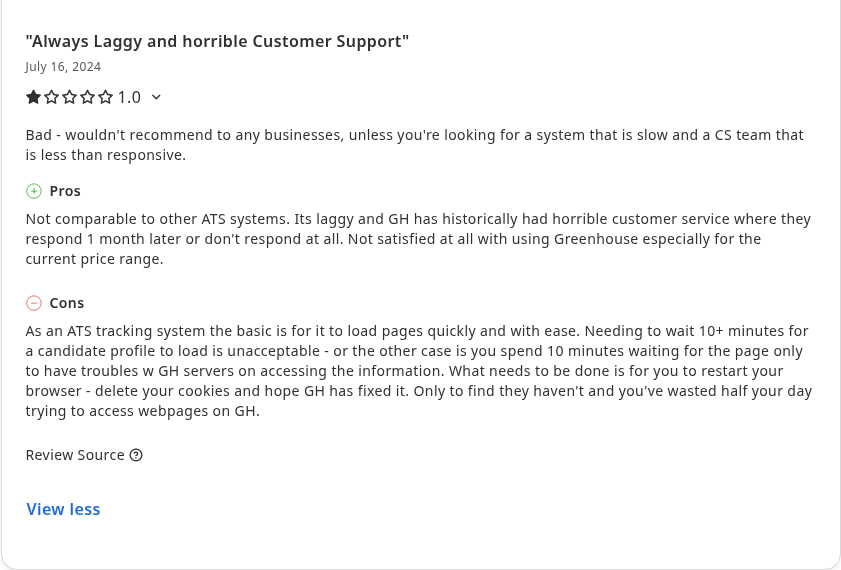 Capterra 1-star review of Greenhouse, July 2024, reviewer name blurred