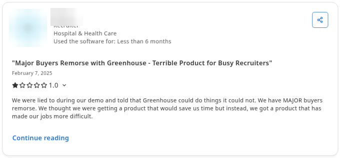 Capterra 1-star review of Greenhouse, February 2025, reviewer name blurred