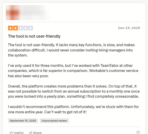 Trustpilot 2-star review of Workable, posted December 2025, reviewer name blurred