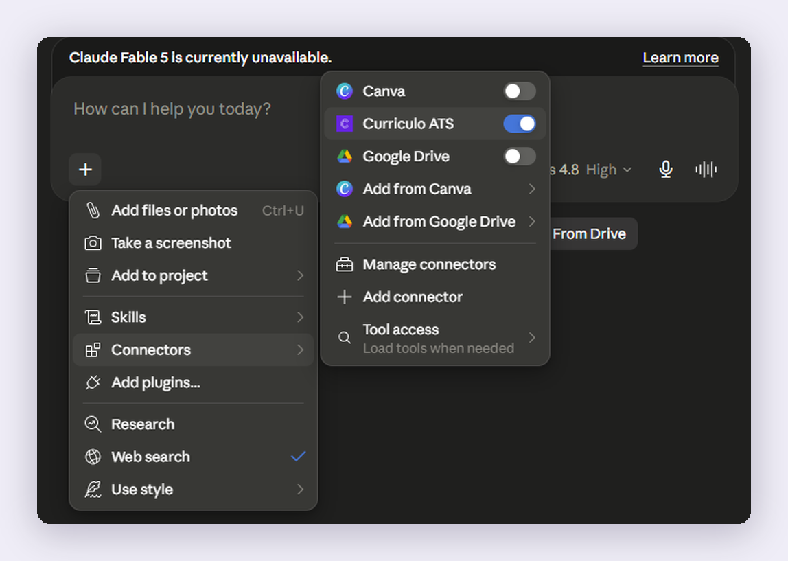 The Claude plus menu open, with the Curriculo ATS connector switched on