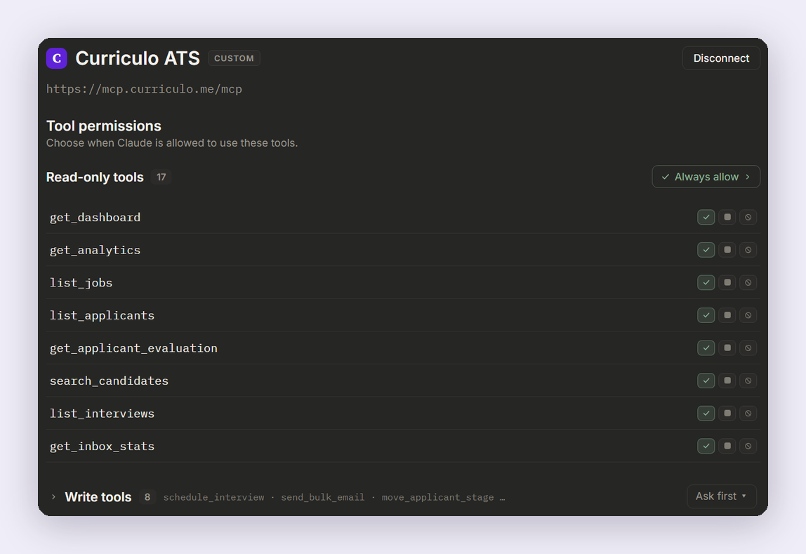 The Curriculo ATS connector settings showing read-only tools set to Always allow and write tools set to Ask first