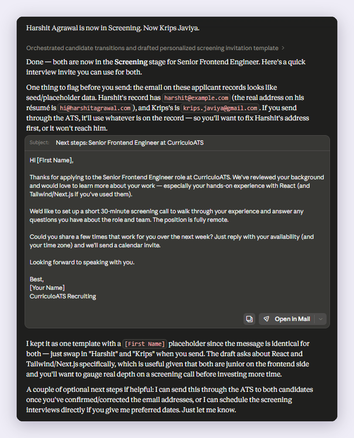 Claude moving two candidates to Screening and drafting an invite email