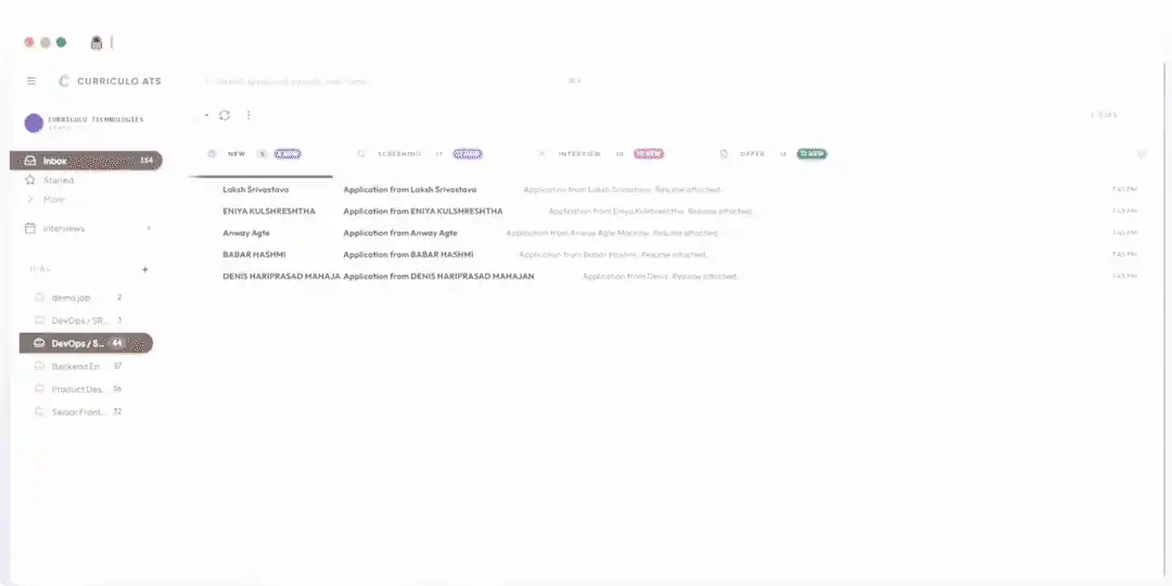 CurriculoATS dashboard, AI-scored candidates, email-apply inbox, and hiring pipeline